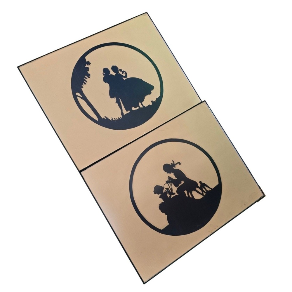 Vintage Silhouette Art Framed Wall Decor Globe Couple Scene Set 2 pictures 11x14